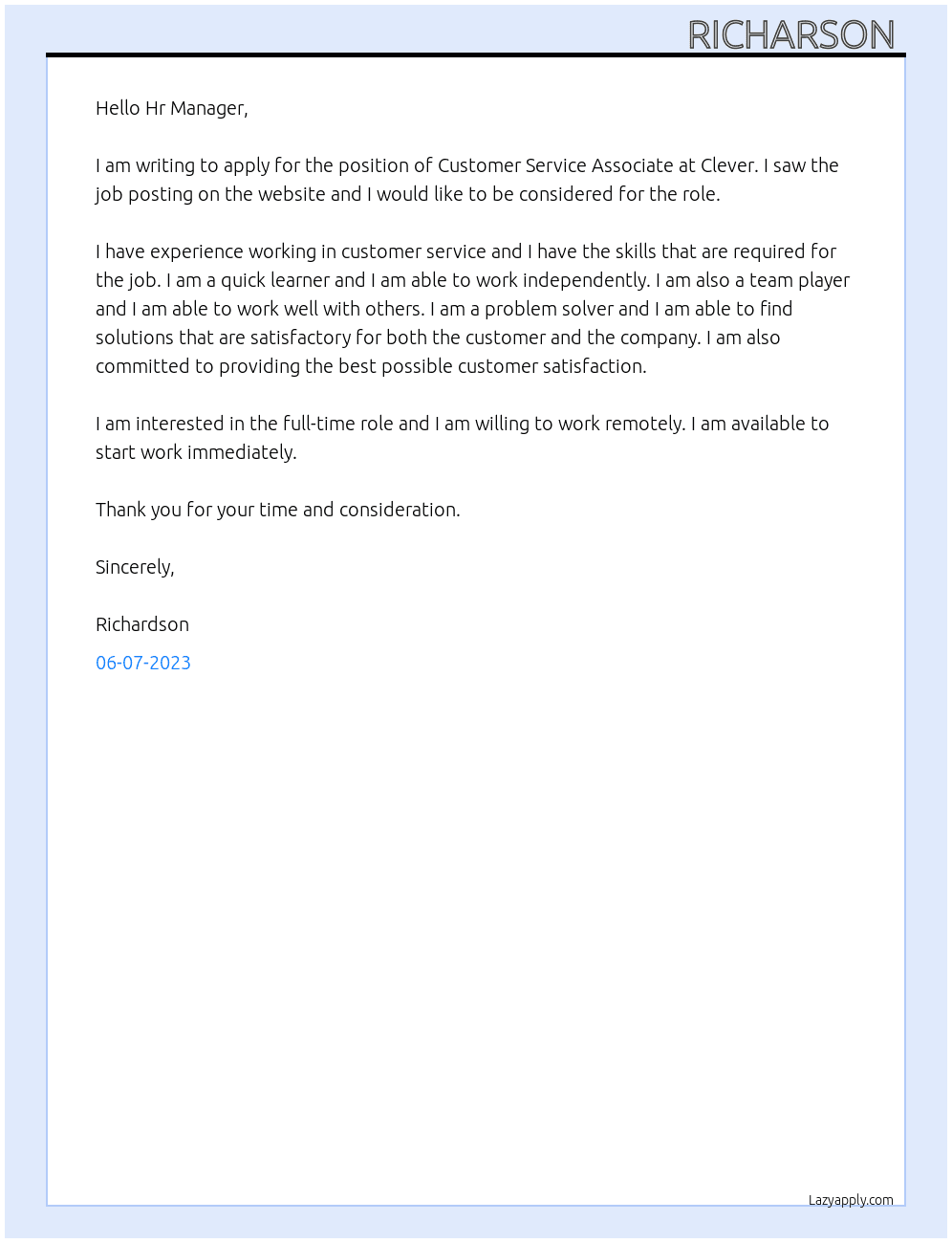 Customer Service Associate At Clever Cover Letter