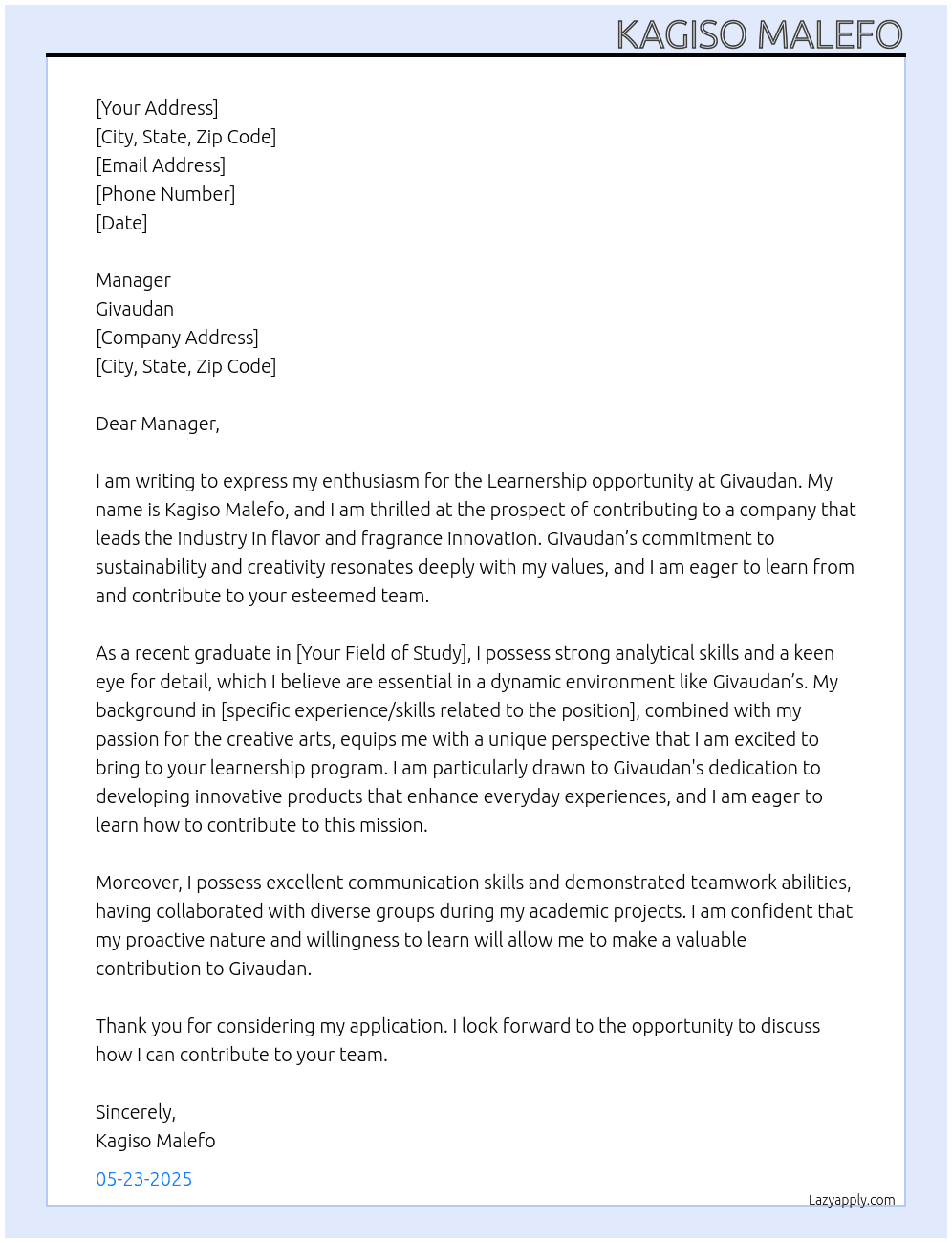 Learnership opportunity  At Givaudan Cover Letter