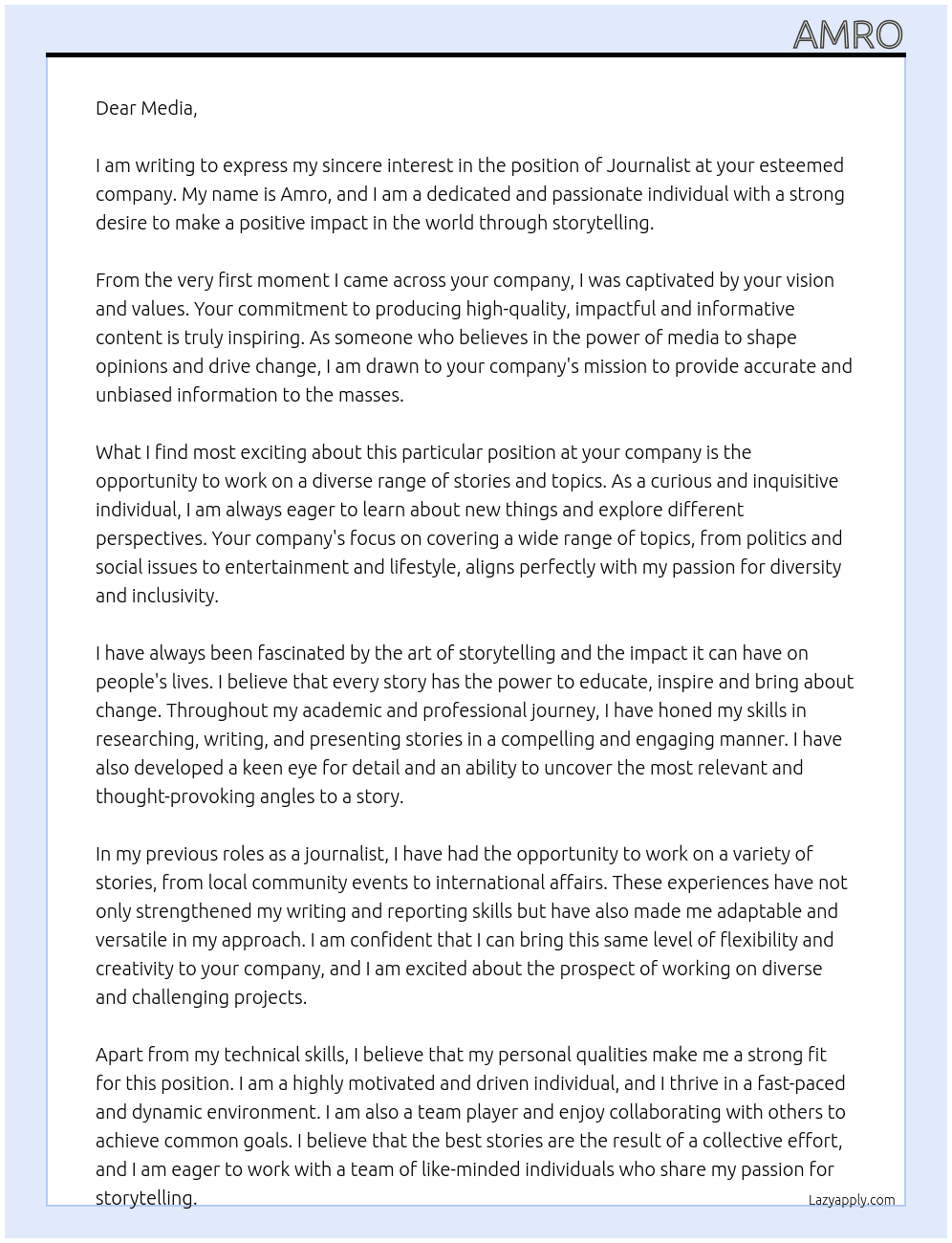 Journalist At Media Cover Letter