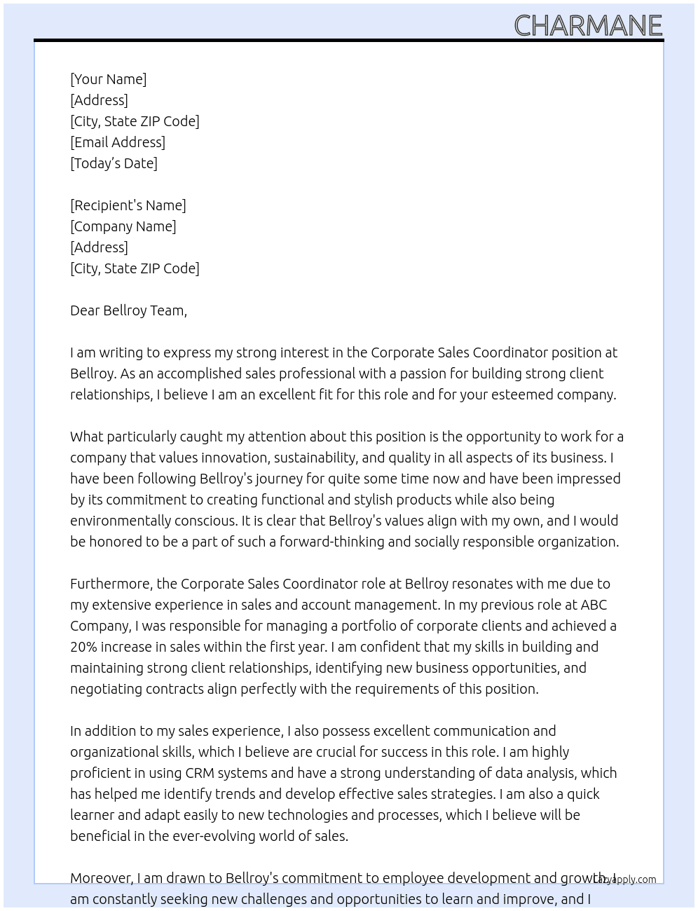 Corporate Sales Coordinator At Bellroy Cover Letter