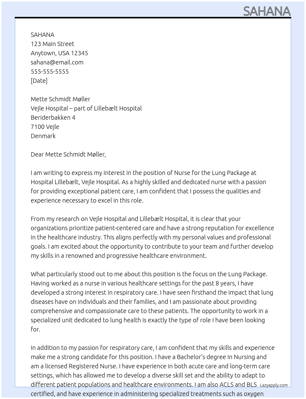 Nurse for the Lung Package, Vejle Hospital – part of Lillebælt Hospital At Hospital Lillebælt, Vejle Hospital Cover Letter