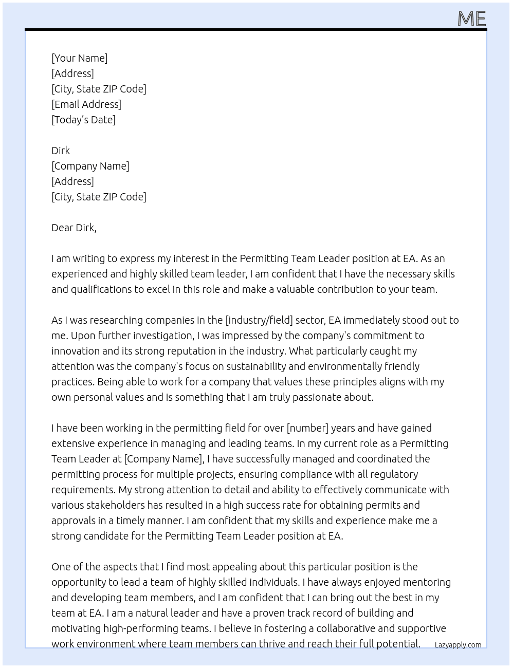 Permitting team leader At EA Cover Letter