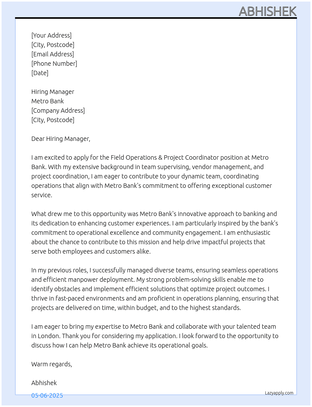 Field Operations & Project Coordinator At Metro Bank Cover Letter