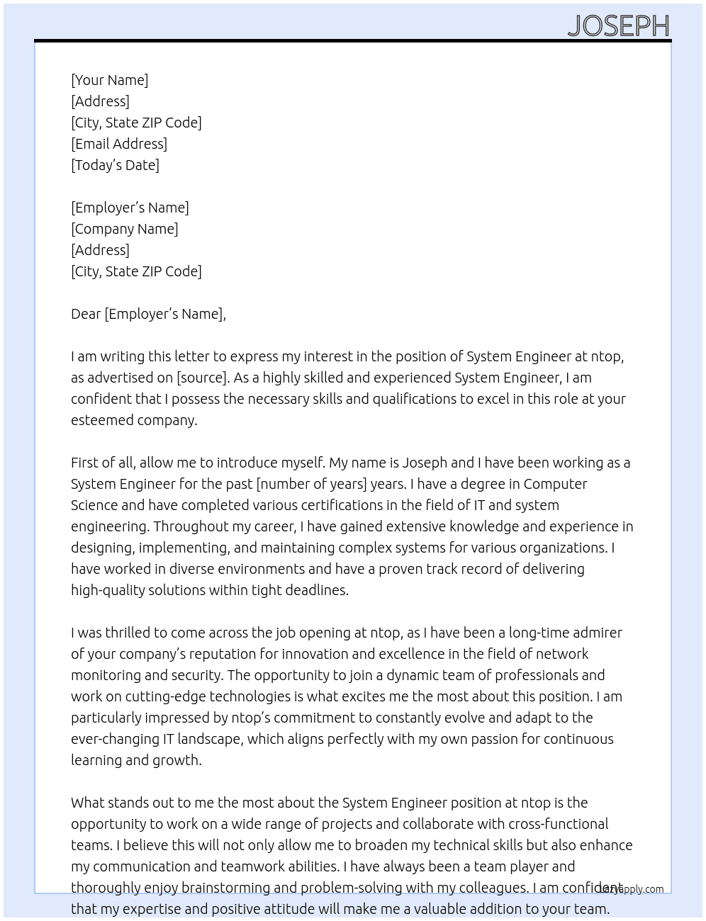 System engineer  At ntop Cover Letter