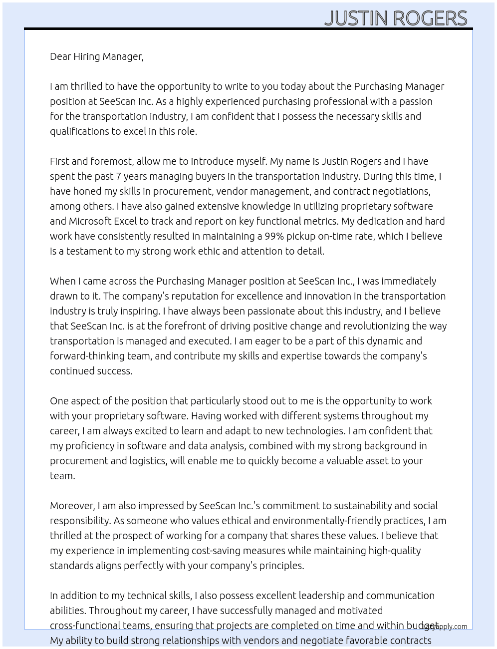 Purchasing Manager  At SeeScan Inc. Cover Letter