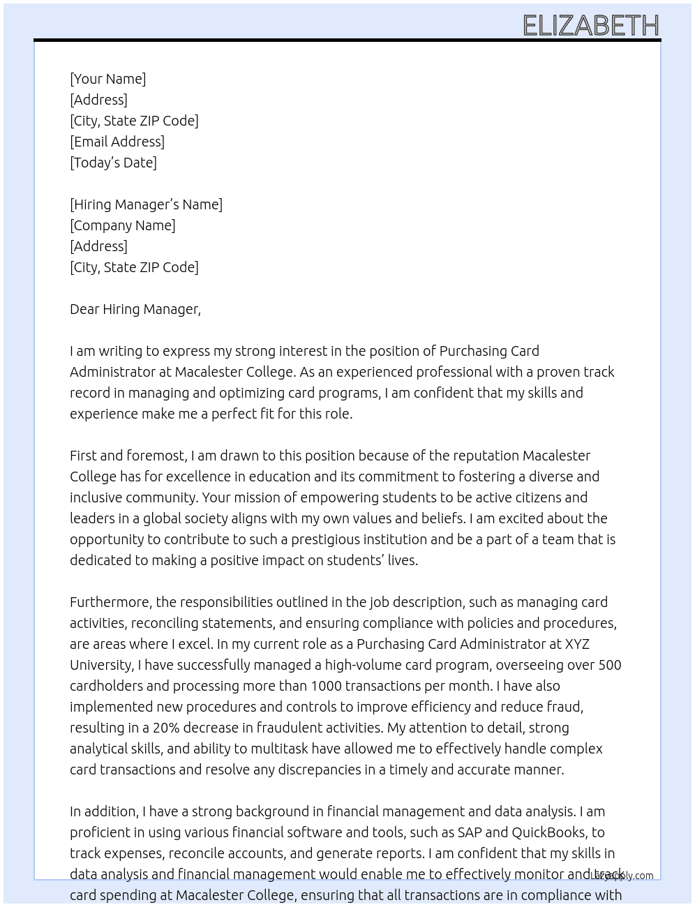Purchasing Card Administrator At Macalester College Cover Letter