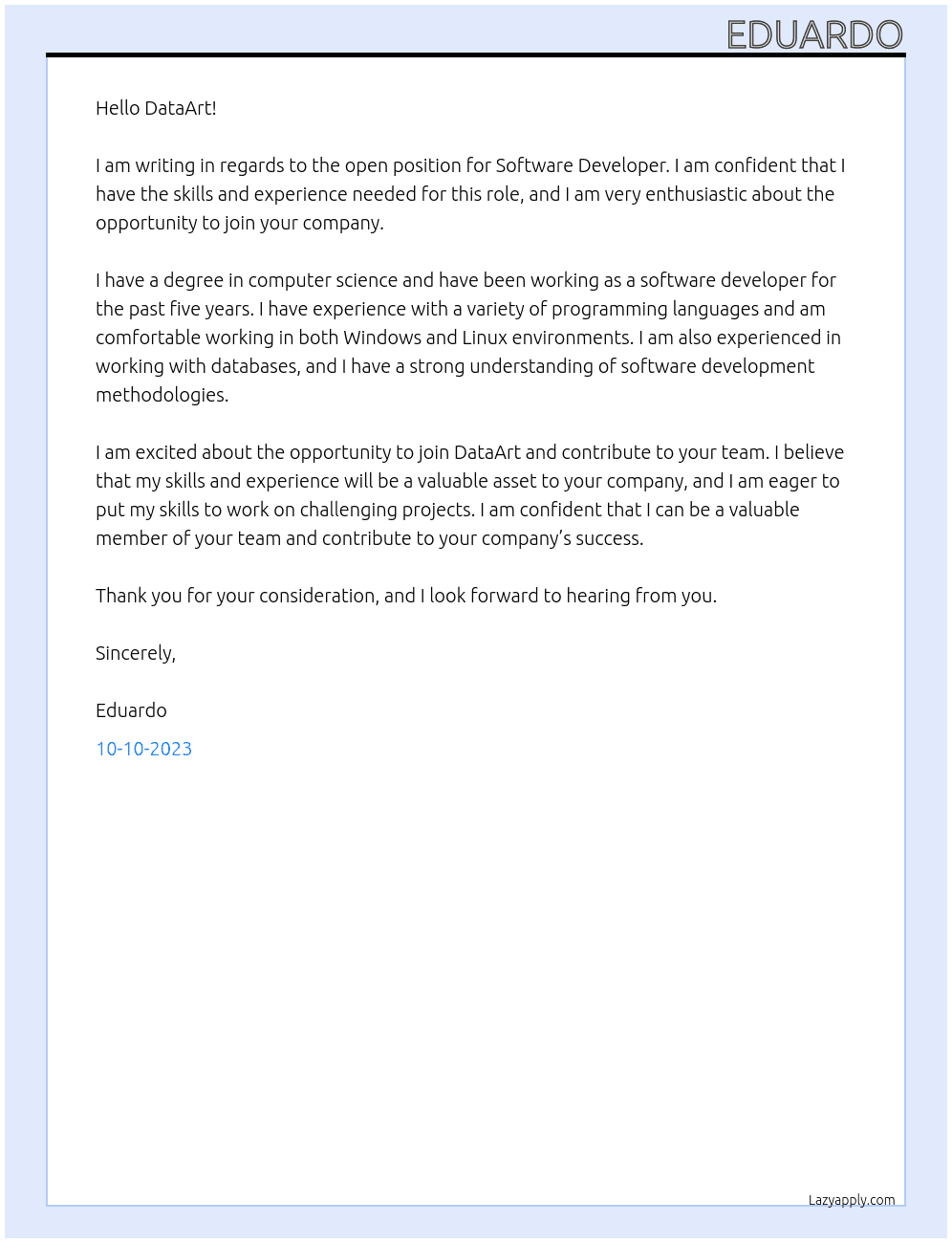 Software Developer At DataArt Cover Letter