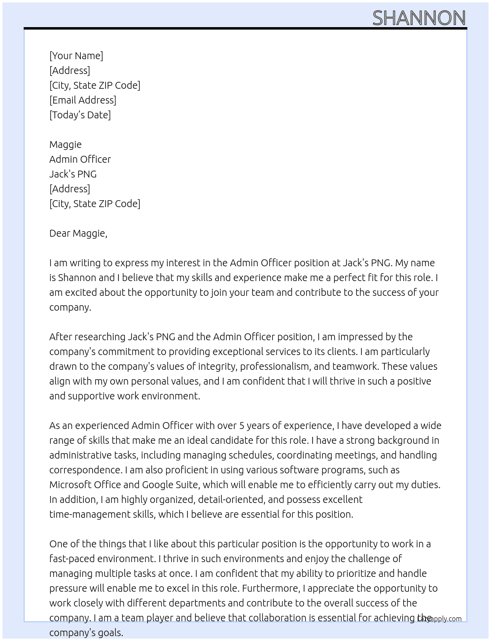 Admin officer At Jack's PNG Cover Letter