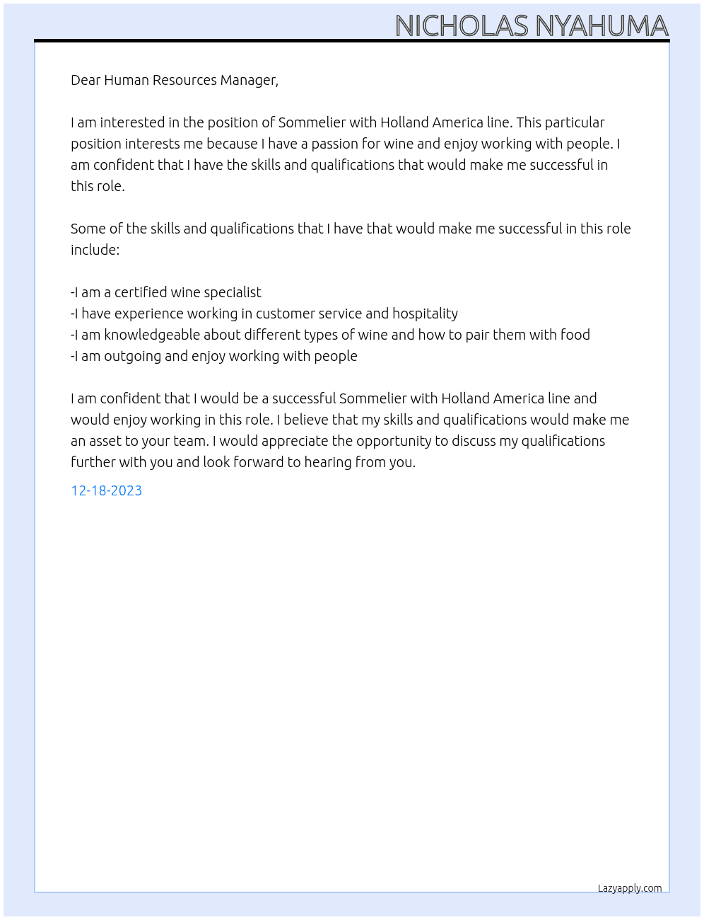 Sommelier At Holland America line Cover Letter