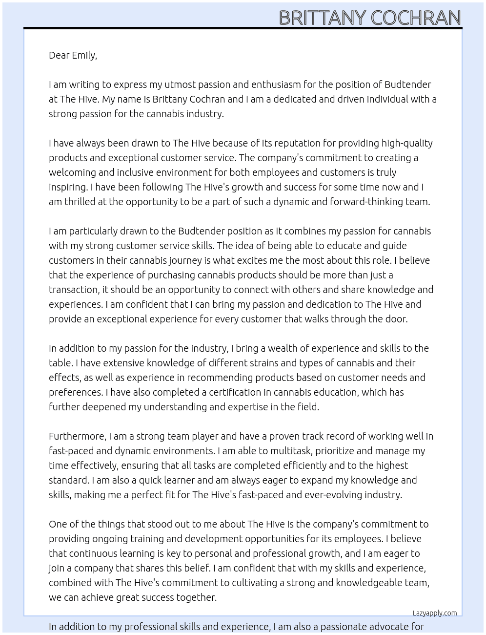Budtender At The Hive Cover Letter