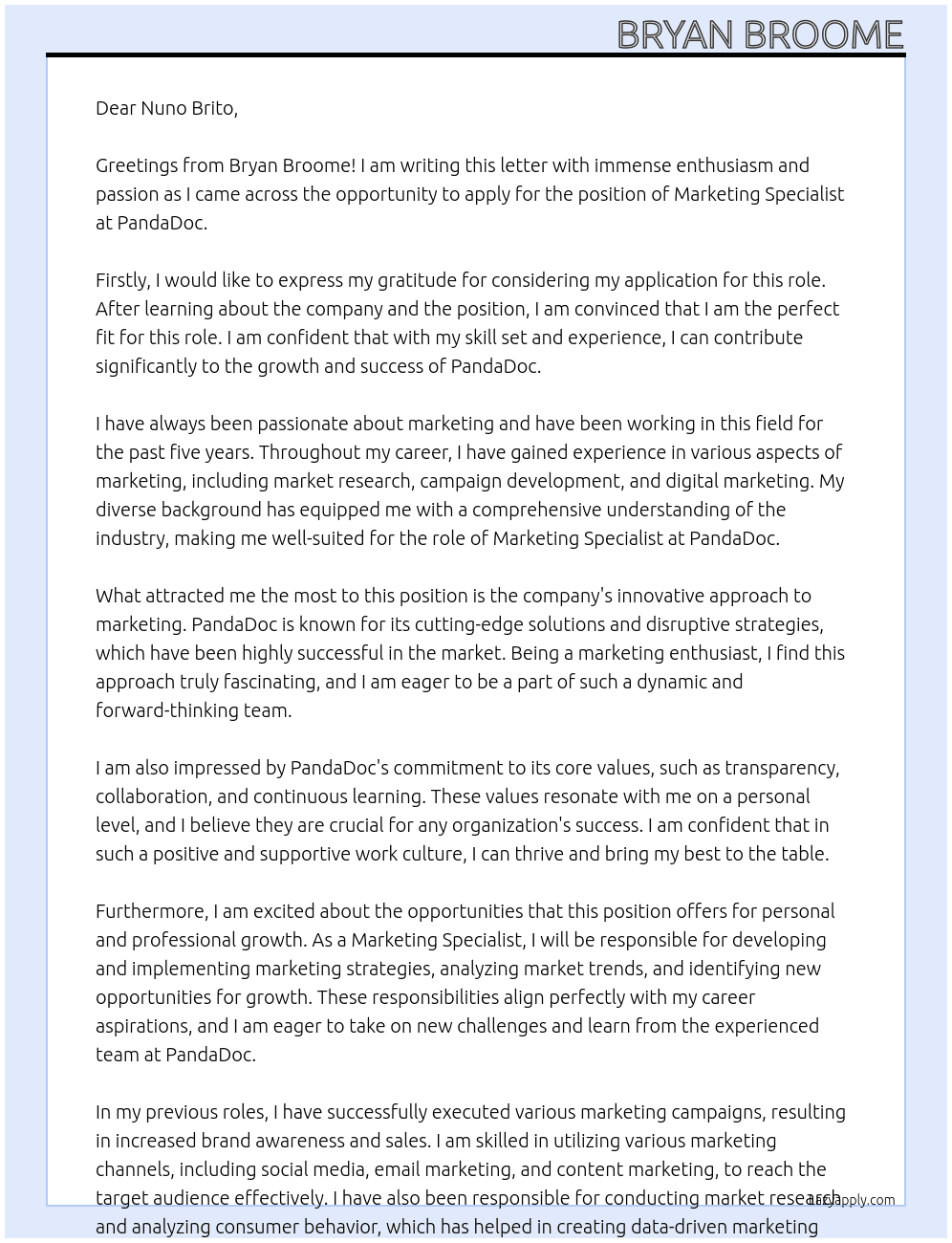 Marketing Specialist At PandaDoc Cover Letter