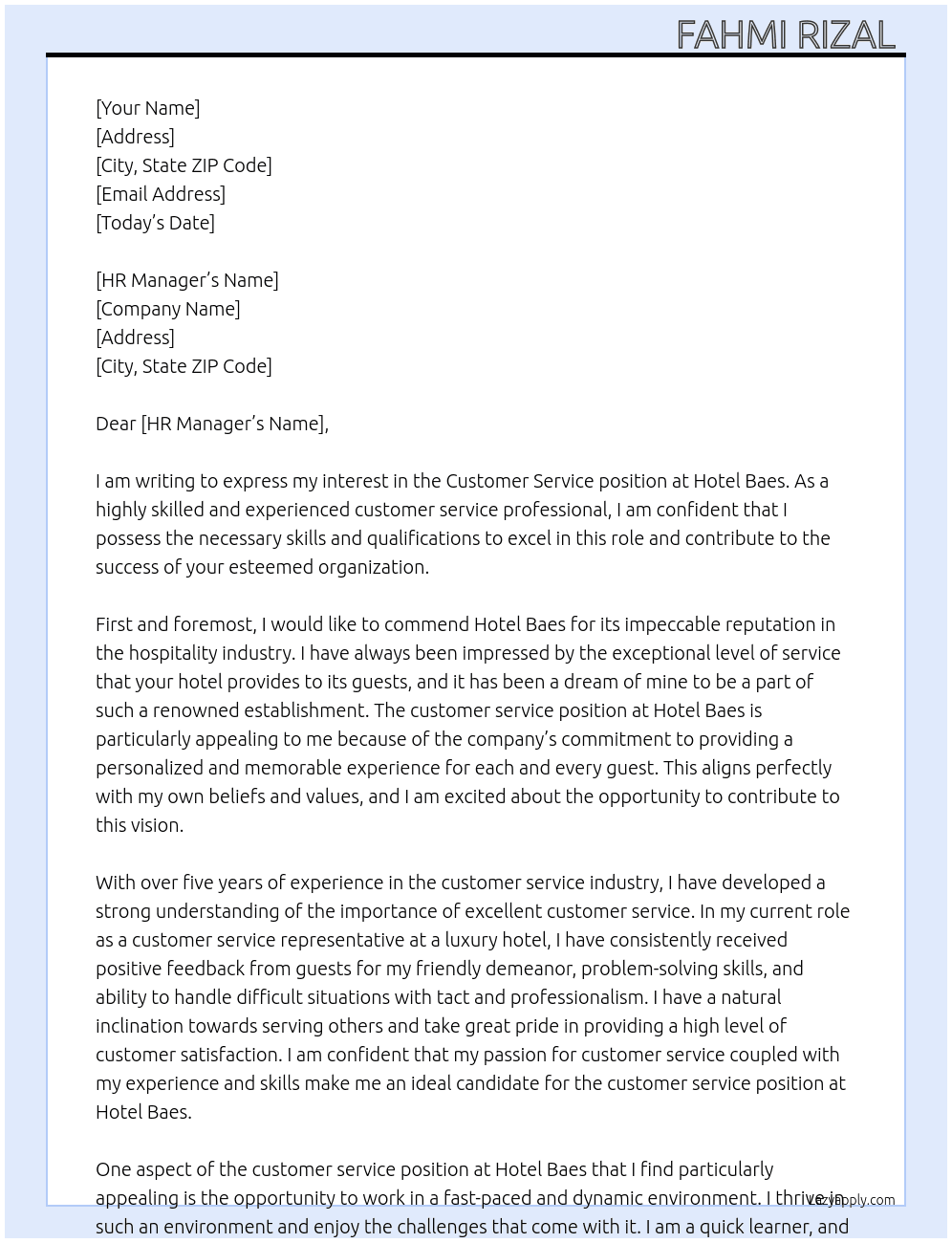 Customer service  At Hotel Baes  Cover Letter