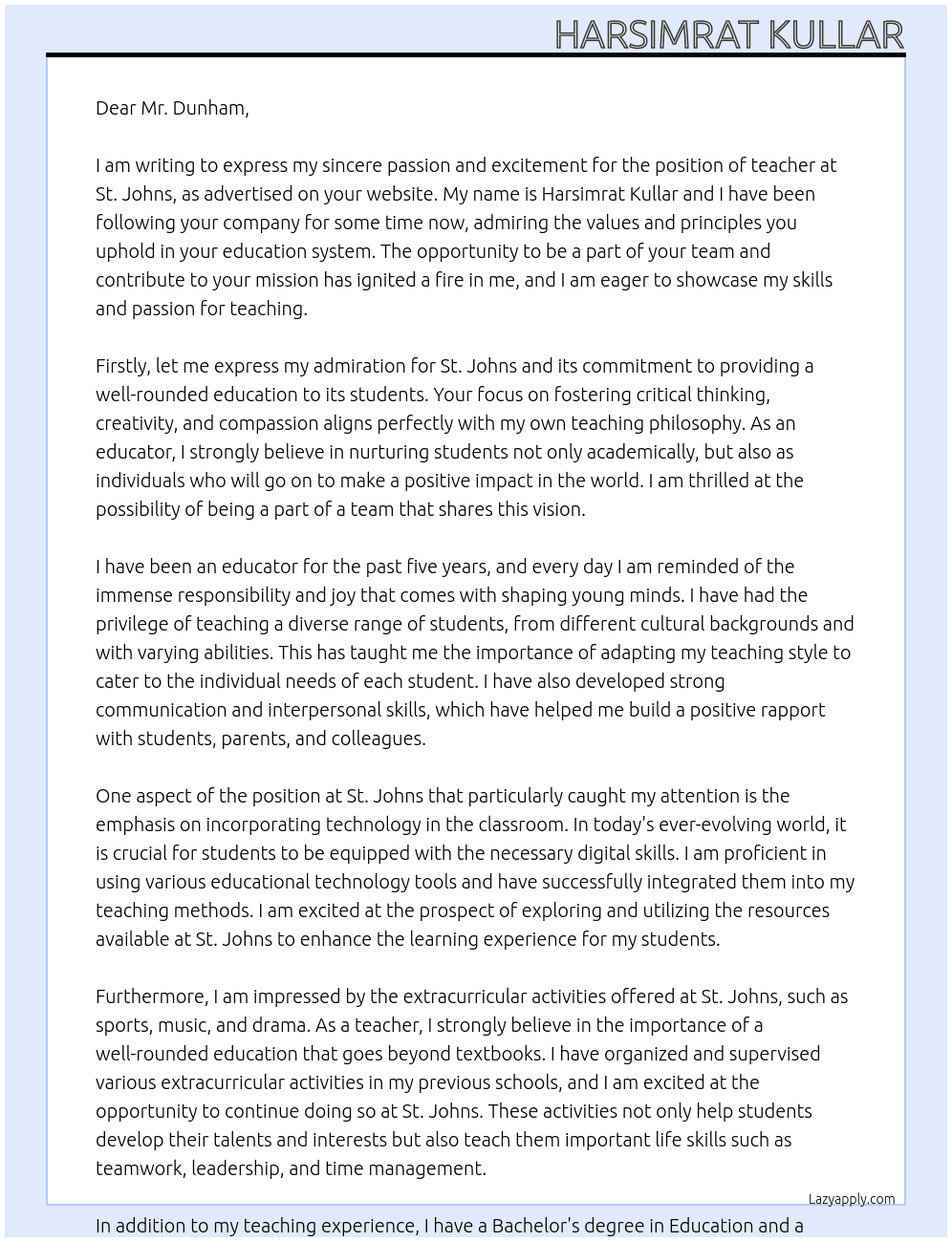 teacher At st johns  Cover Letter