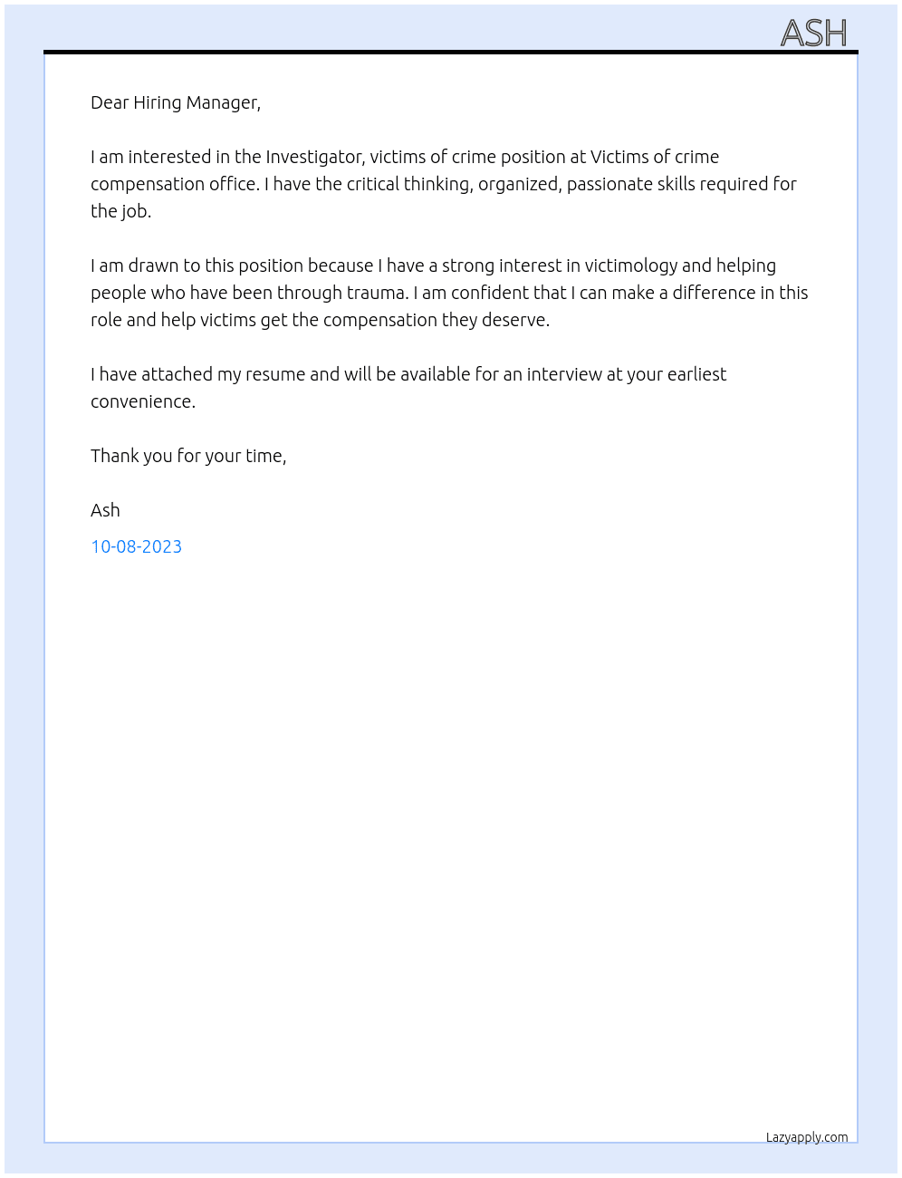 Investigator, victims of crime  At Victims of crime compensation office  Cover Letter