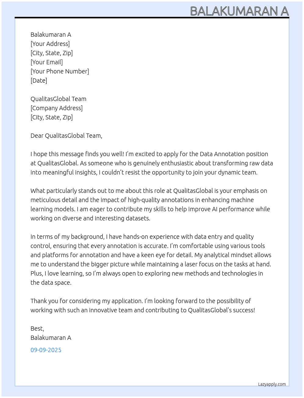 Data annotation At QualitasGlobal Cover Letter
