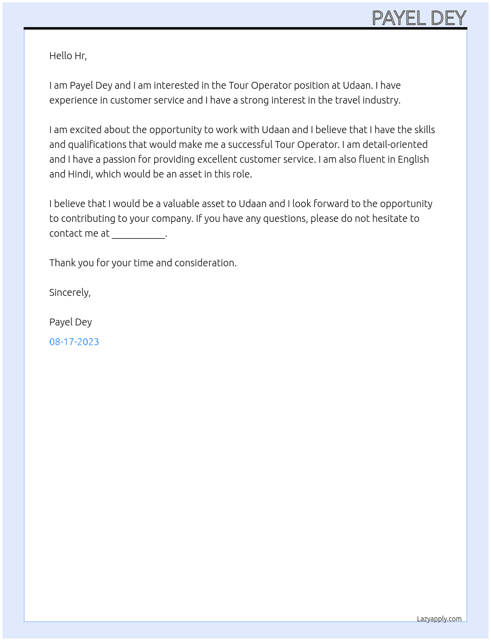 Tour operator At Udaan Cover Letter