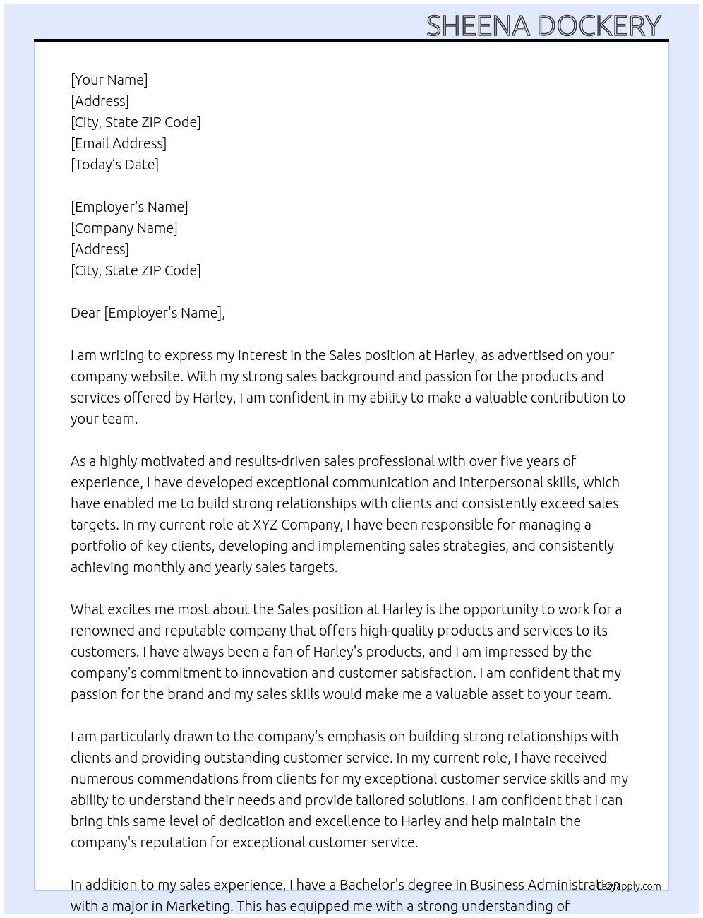 Sales At Harley  Cover Letter