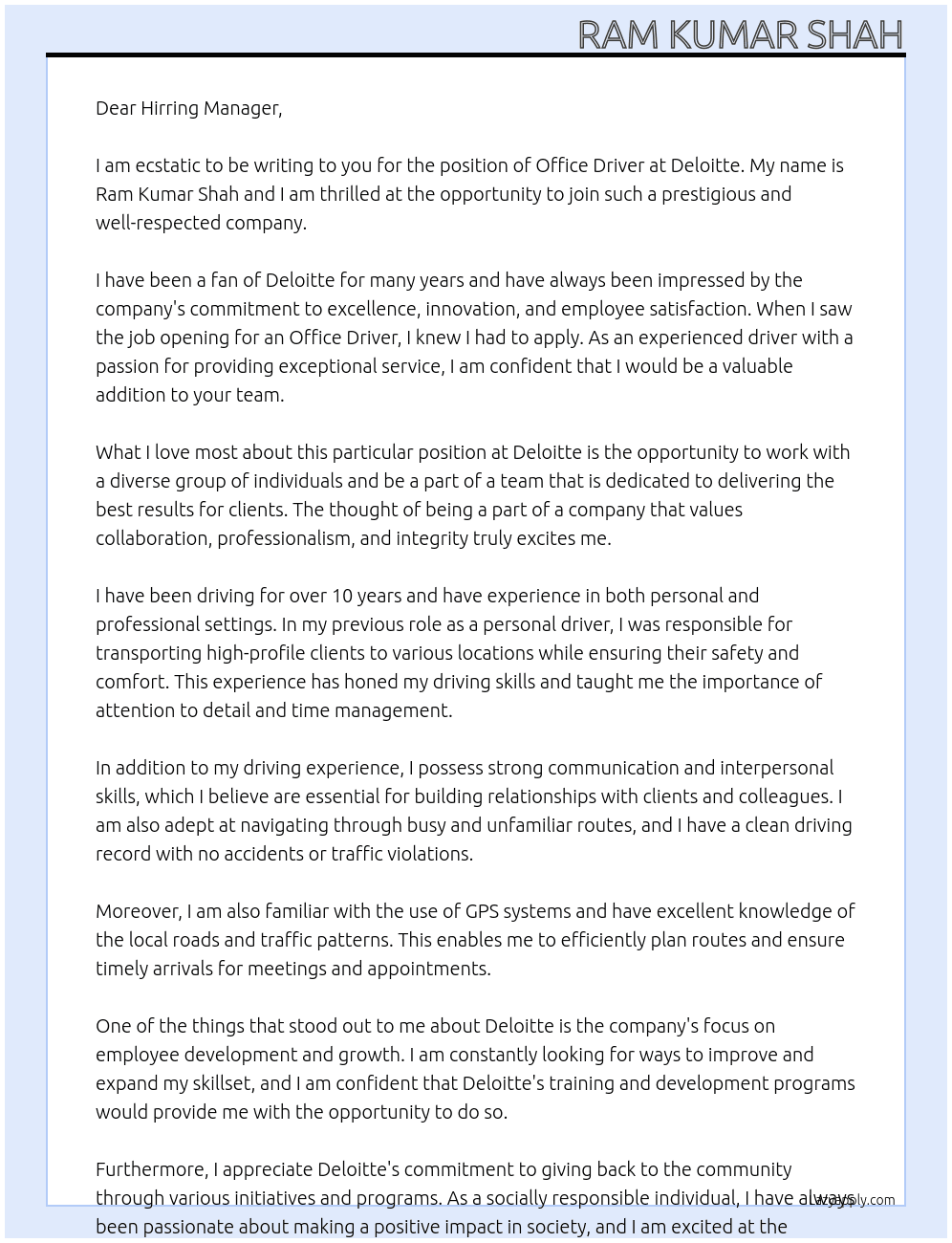 office driver At deloitte  Cover Letter