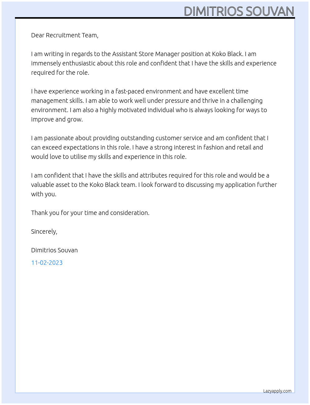 Assistant Store Manager At Koko Black Cover Letter