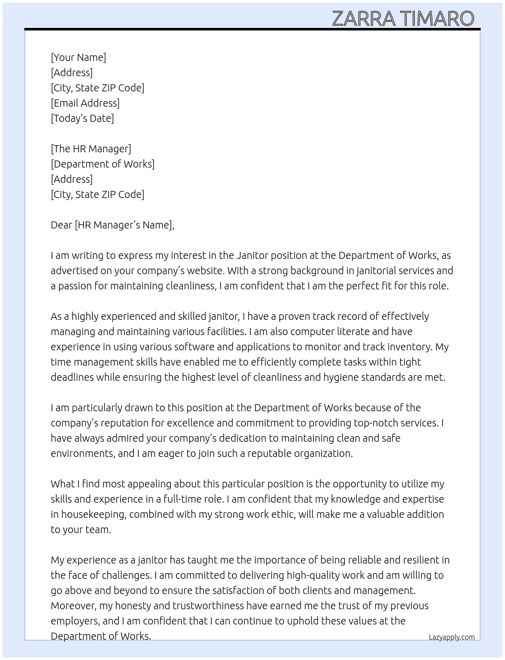 Janitor At Department of Works Cover Letter