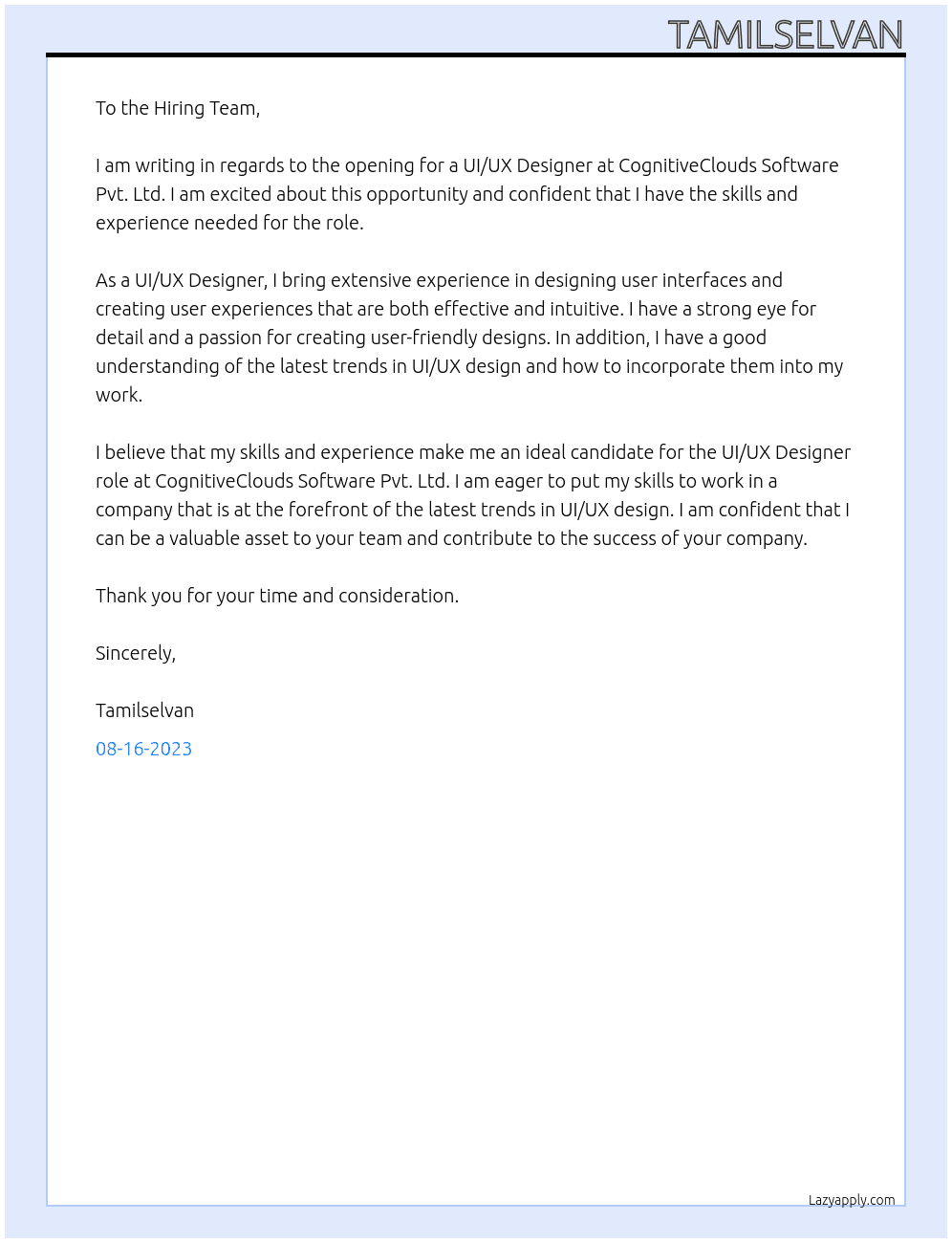 UI/UX Designer At CognitiveClouds Software Pvt. Ltd Cover Letter