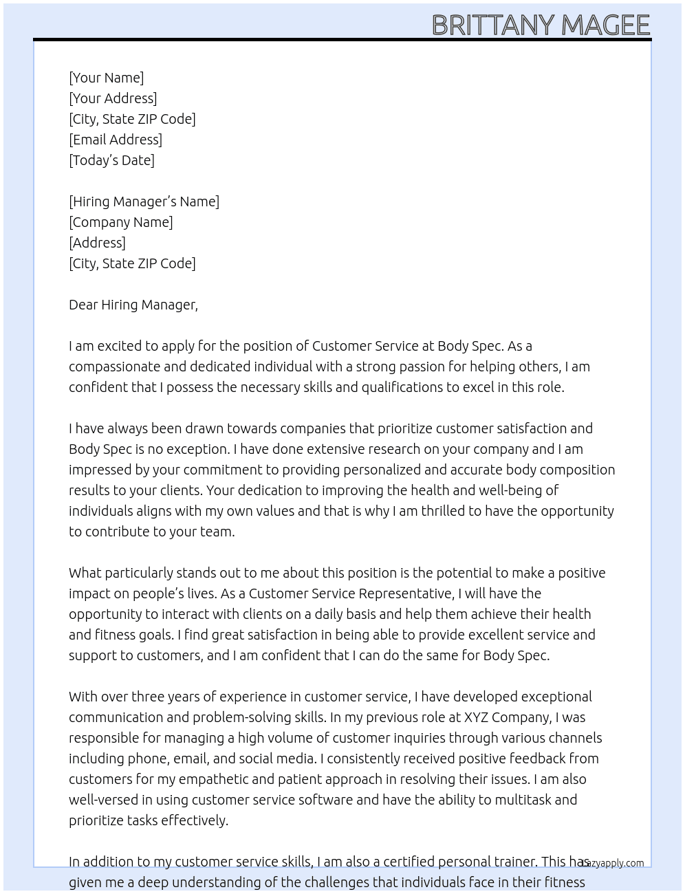 Customer service  At Body Spec Cover Letter