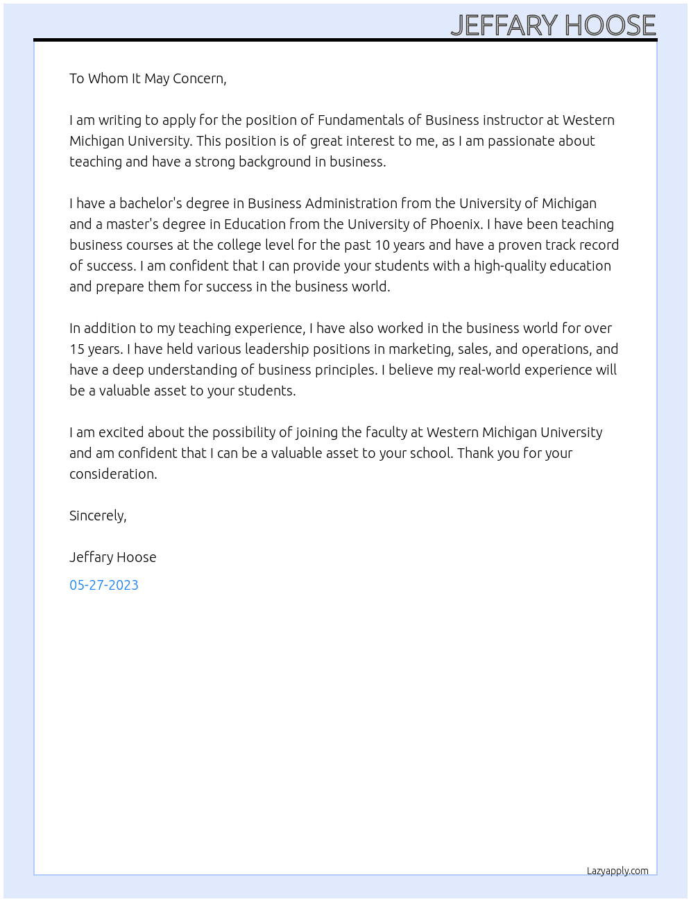 Fundamentals of Business instructor At Western Michigan University  Cover Letter