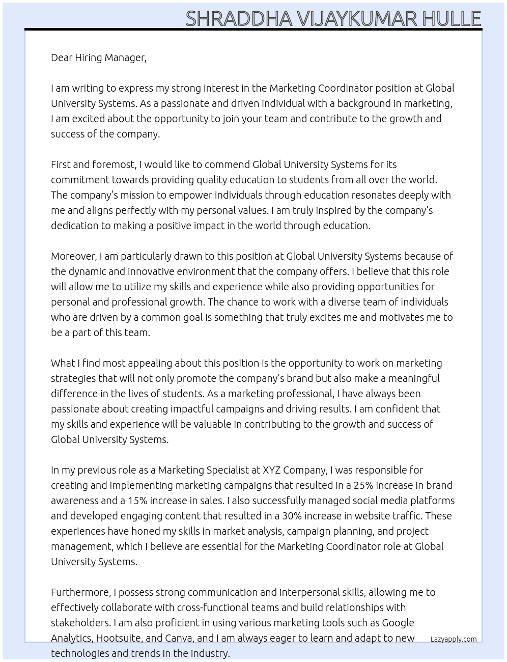 Marketing Coordinator At Global University Systems Cover Letter