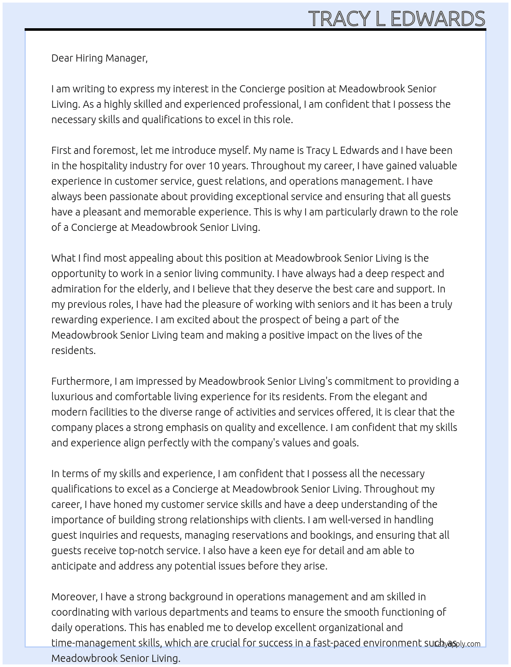 Concierge At Meadowbrook Senior Living Cover Letter