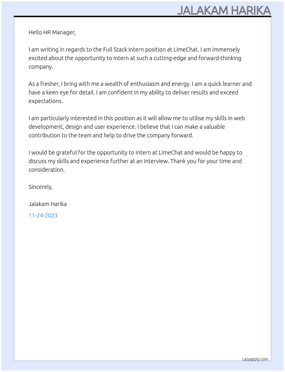 Full stack intern - fresher  At LimeChat Cover Letter