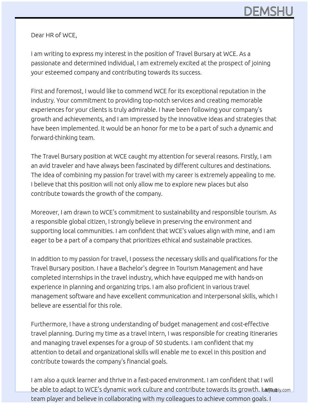 Travel bursary  At WCE Cover Letter