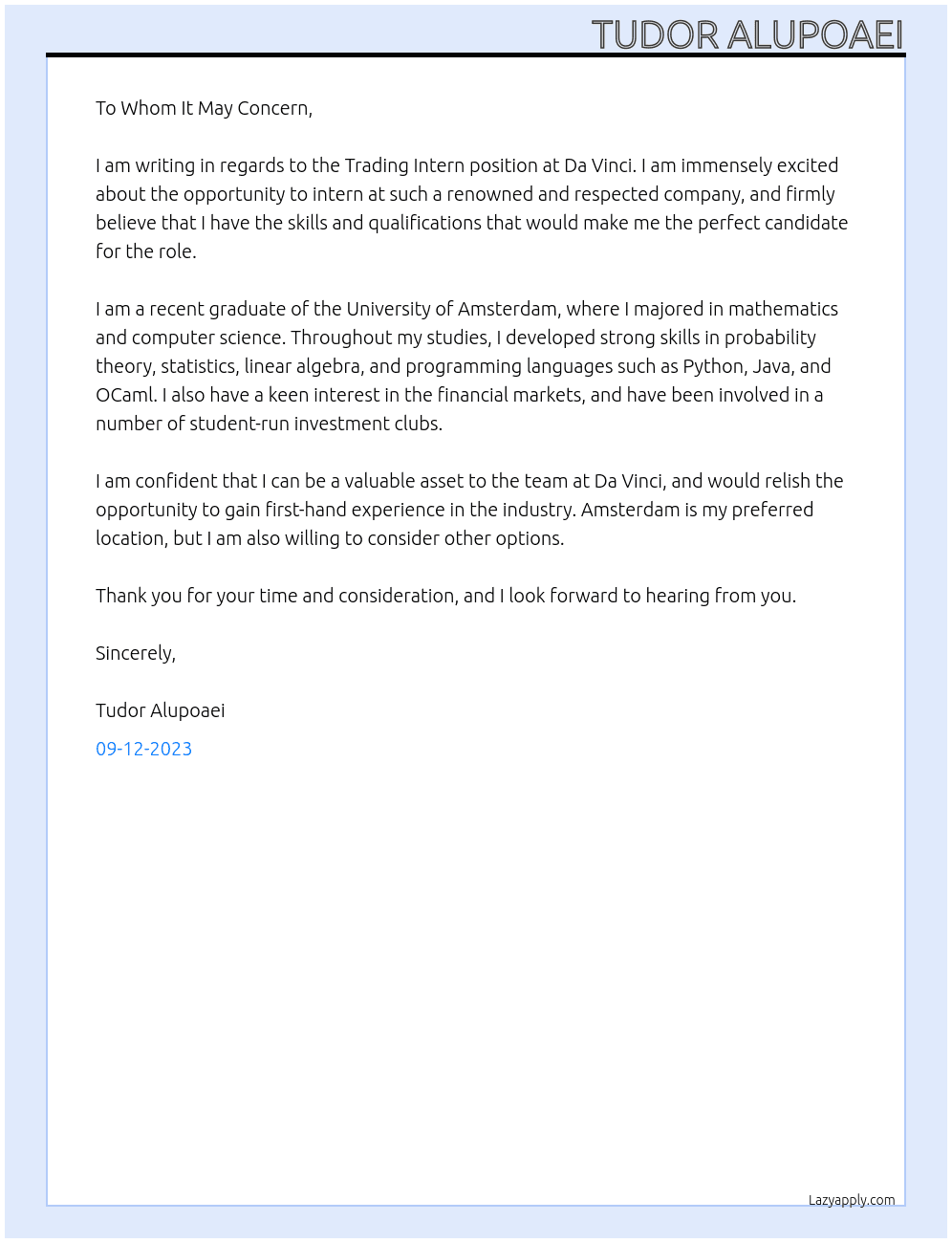 Trading intern At Da Vinci Cover Letter