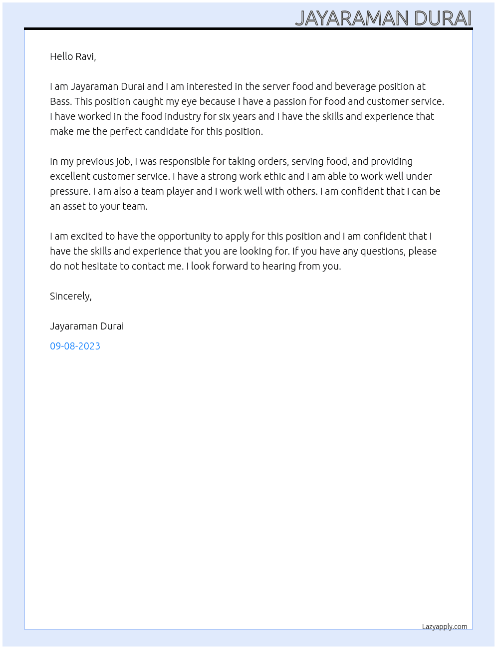 server food and fevarag At bass Cover Letter