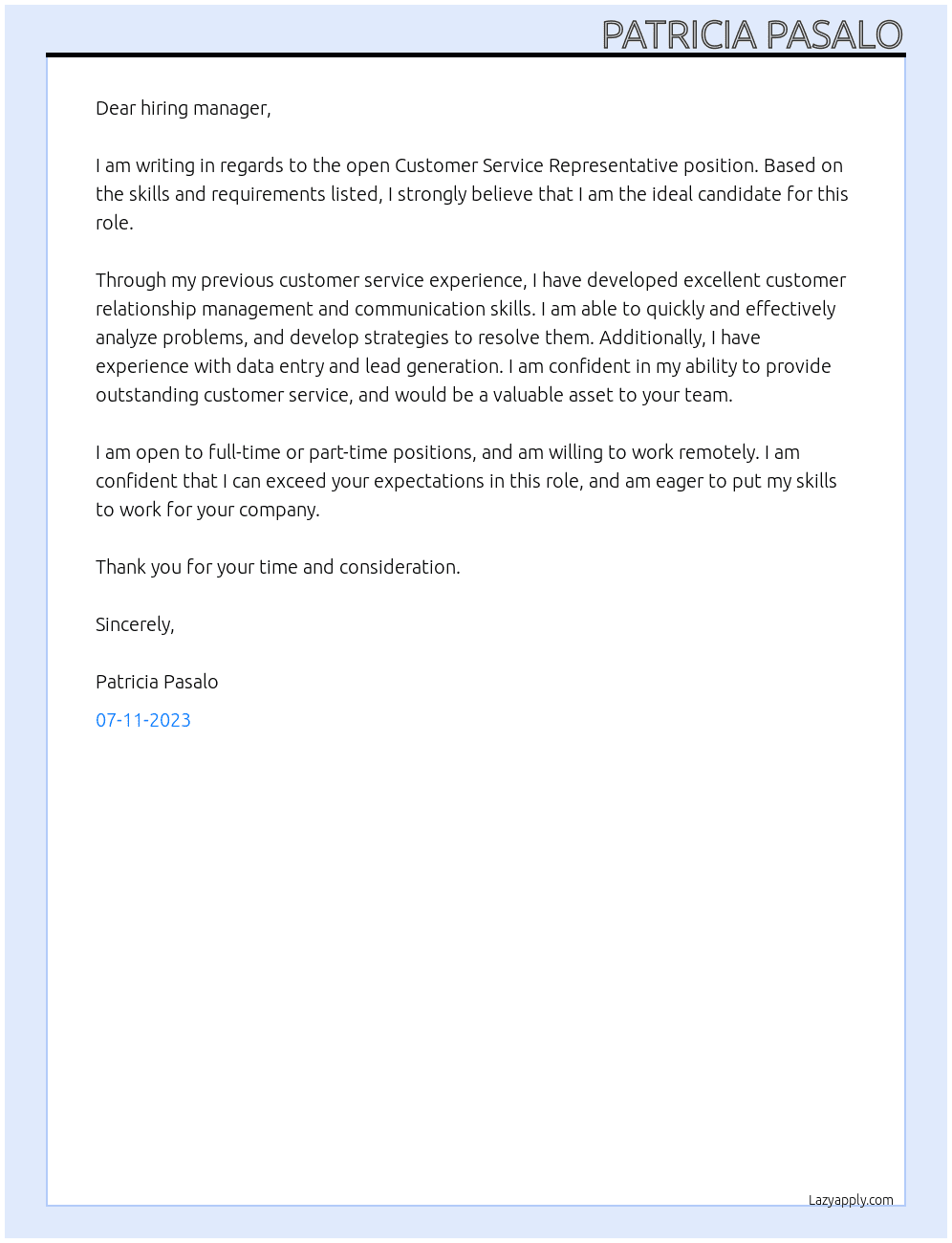 Customer Service Representative At Customer Service Representative Cover Letter