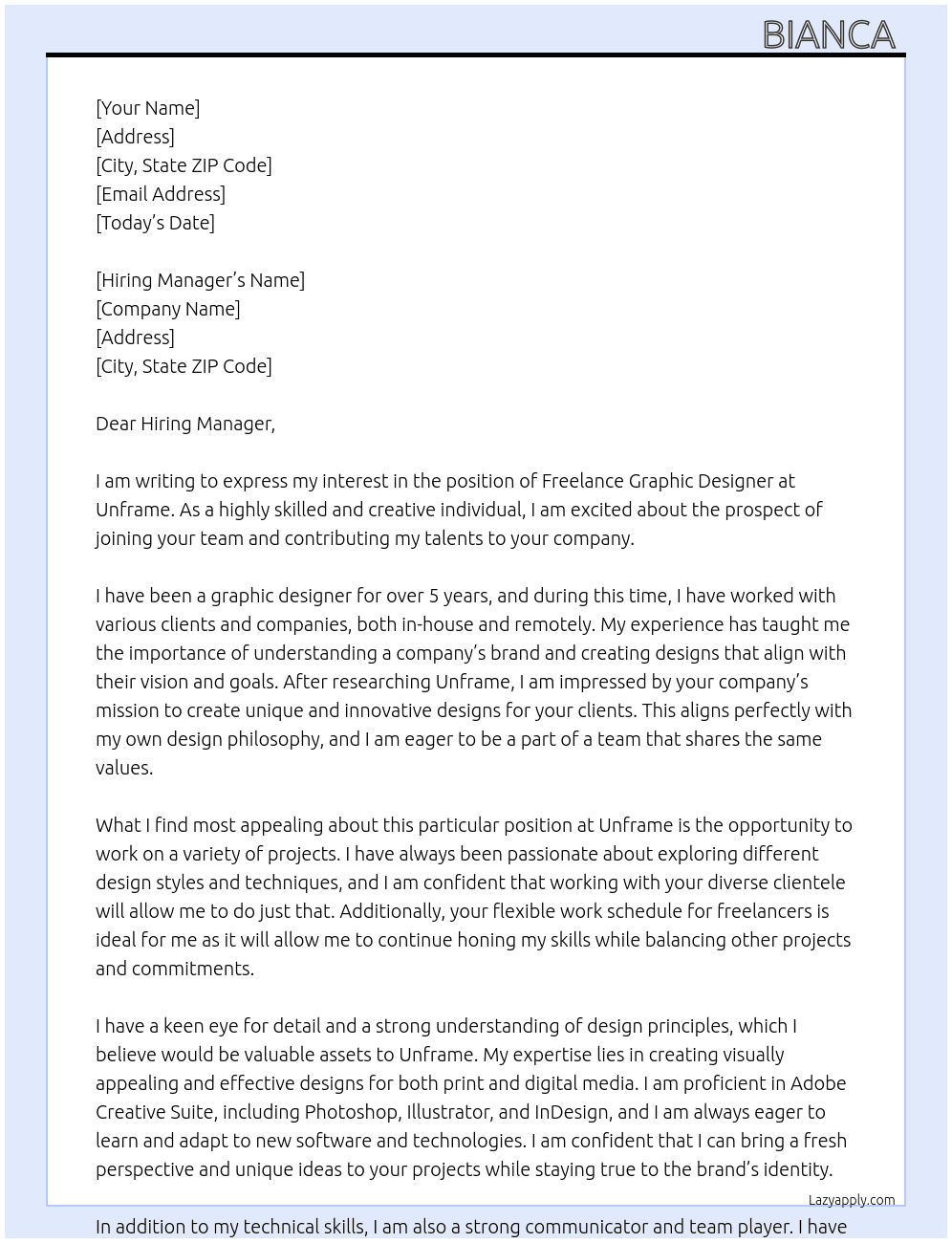 Freelance Graphic Designer  At Unframe Cover Letter