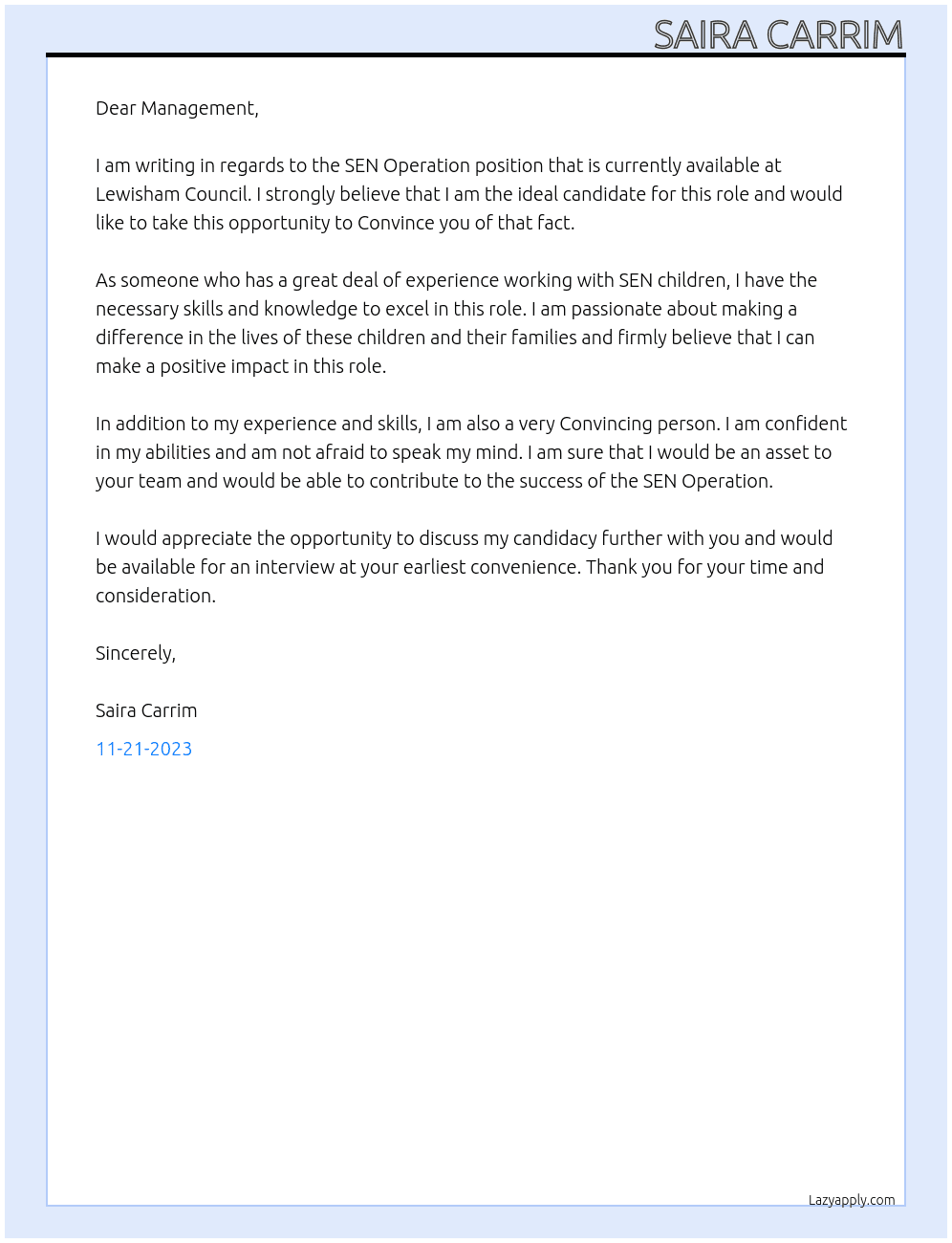 SEN Operation At Lewisham Council Cover Letter
