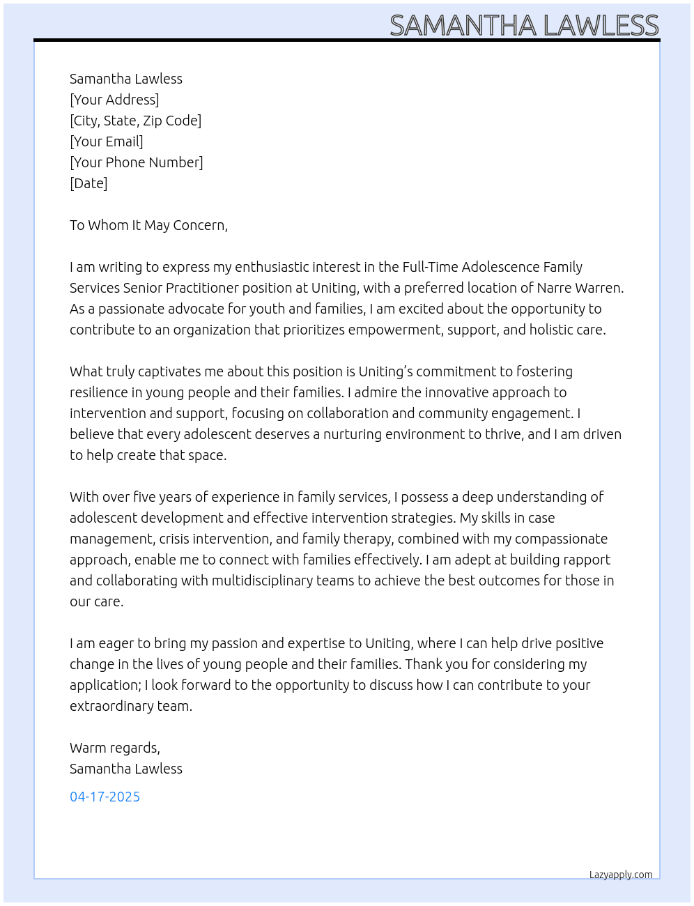 Adolescence family services senior practitioner  At Uniting Cover Letter