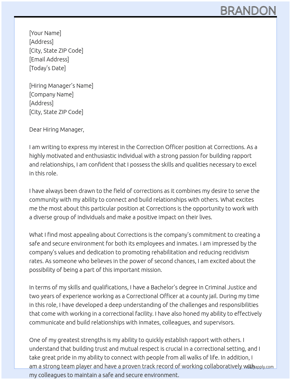 Correction Officer At Corrections  Cover Letter