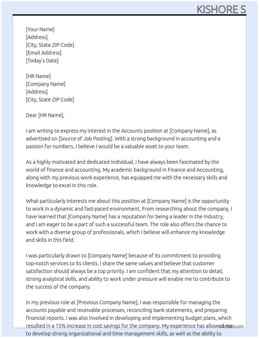 Accounts  At A Cover Letter