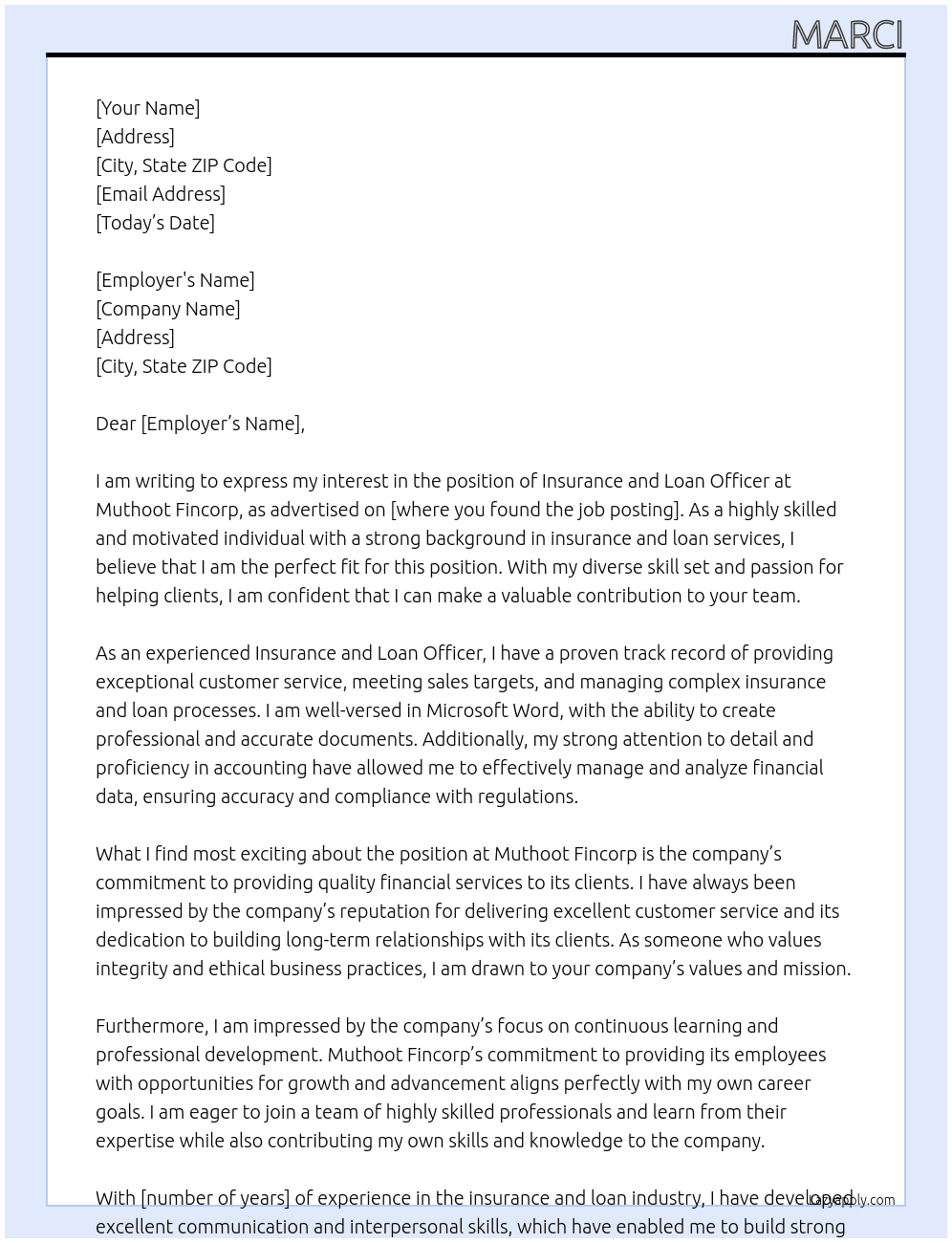 Insurance and Loan officer At Muthoot Fincorp Cover Letter
