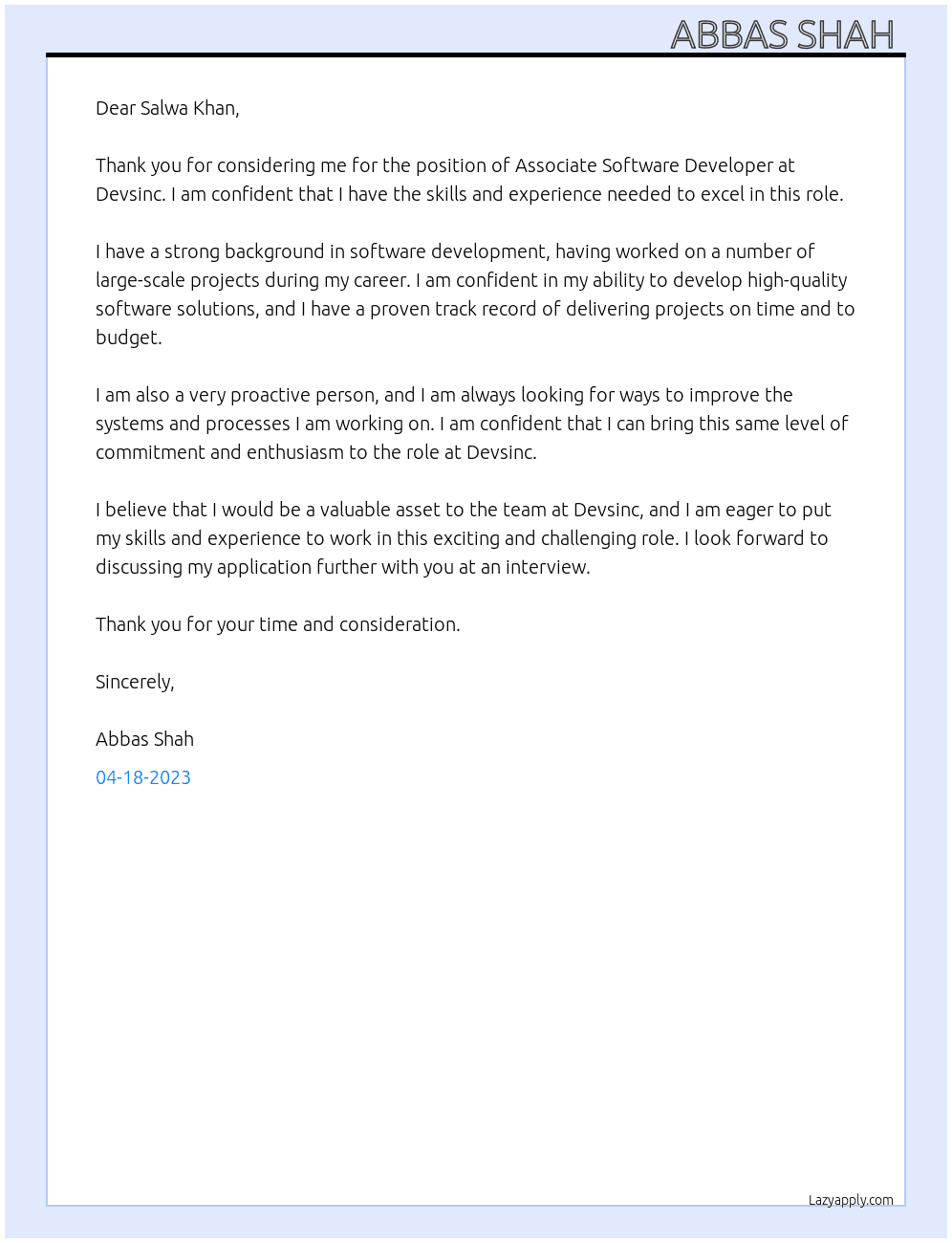 Associate Software Developer At Devsinc Cover Letter