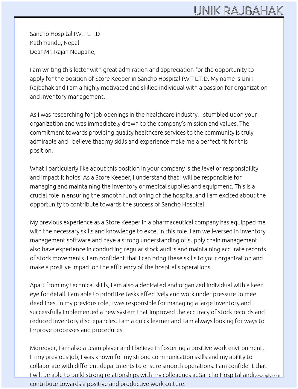 store keeper At Sancho hospital p.v.t l.t.d Cover Letter