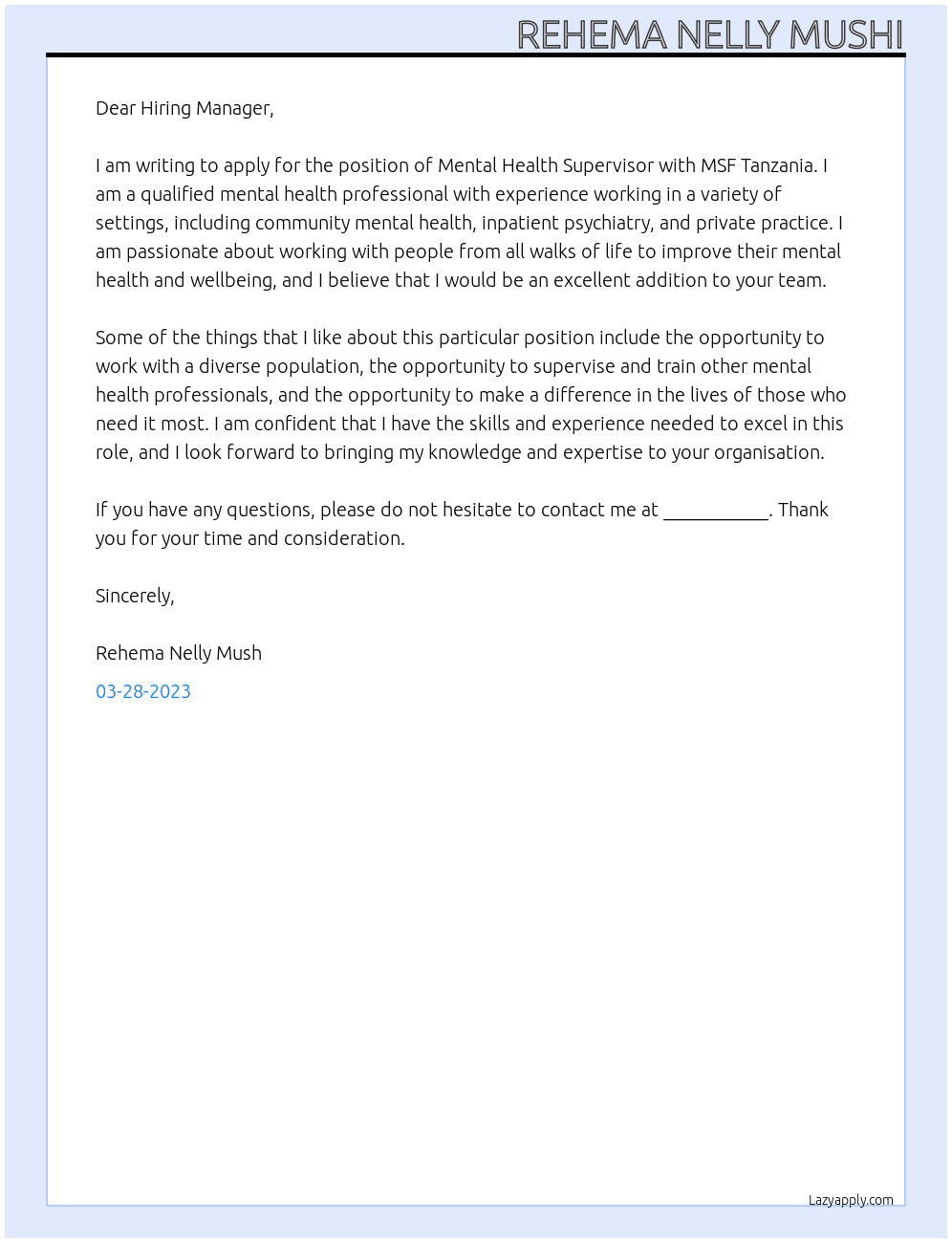 Mental health supervisor At MSF TANZANIA Cover Letter