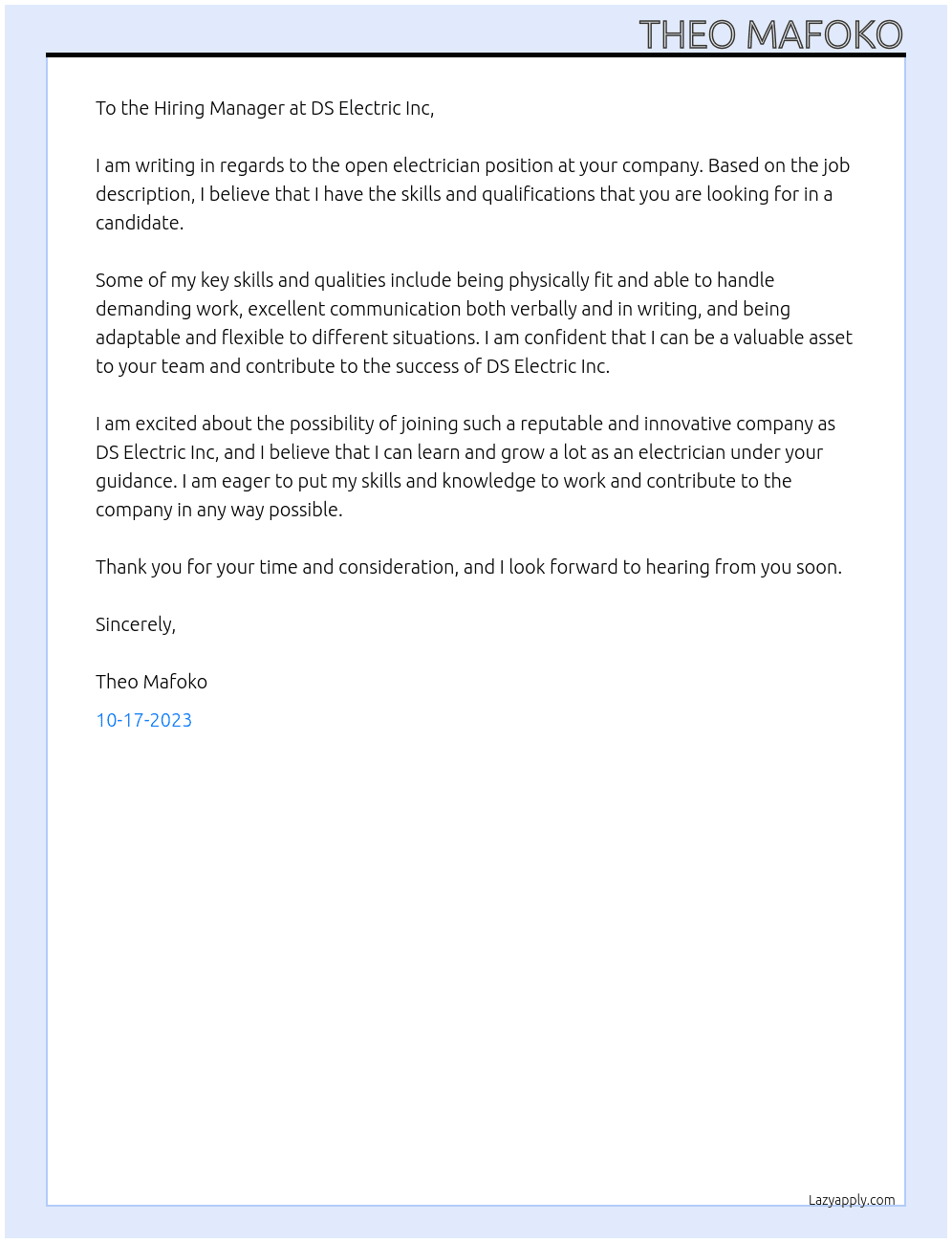 Electrician At DS Electric Inc. Cover Letter
