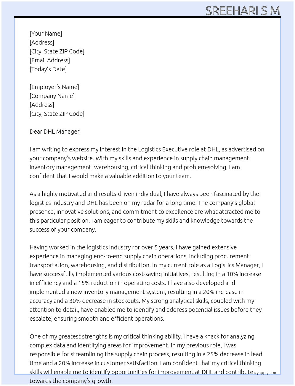 Logistics executive At DHL Cover Letter