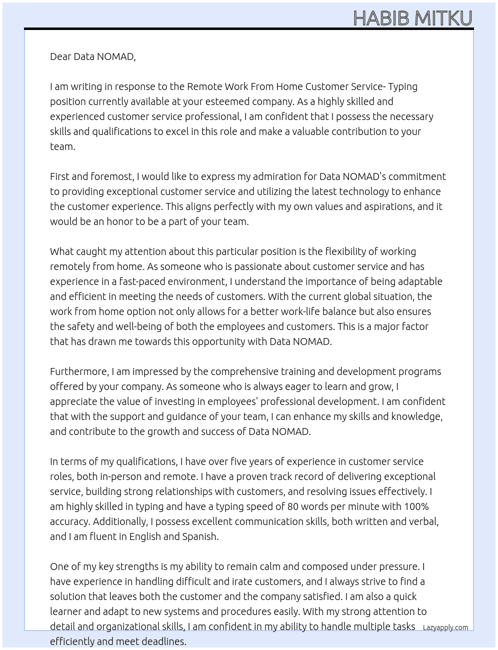 Remote Work From Home Customer Service- Typing At Data NOMAD Cover Letter