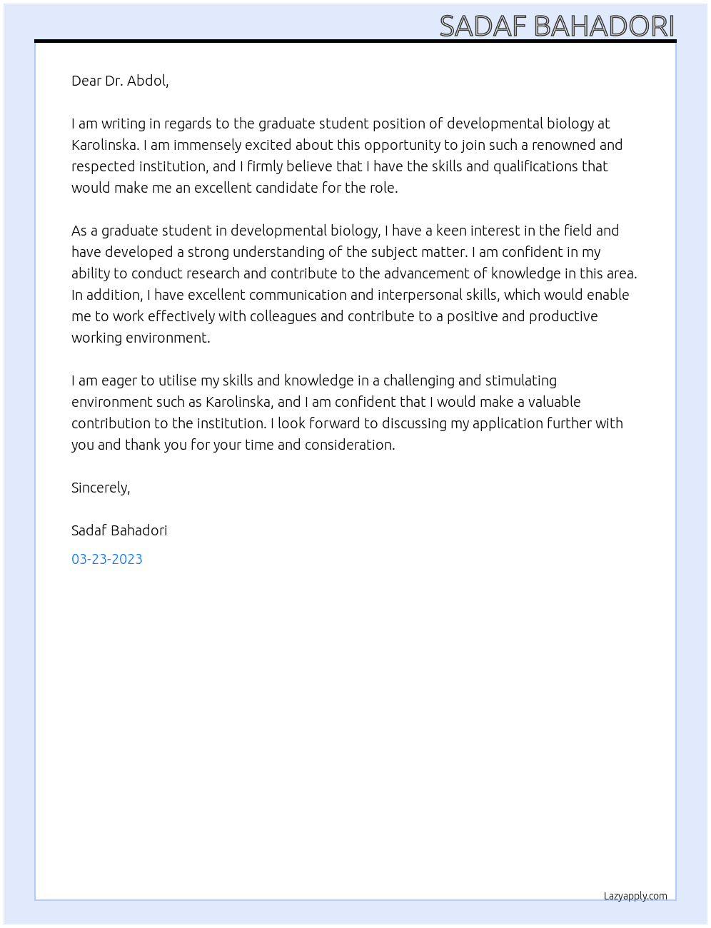 graduate student of developmental biology At karolinska Cover Letter