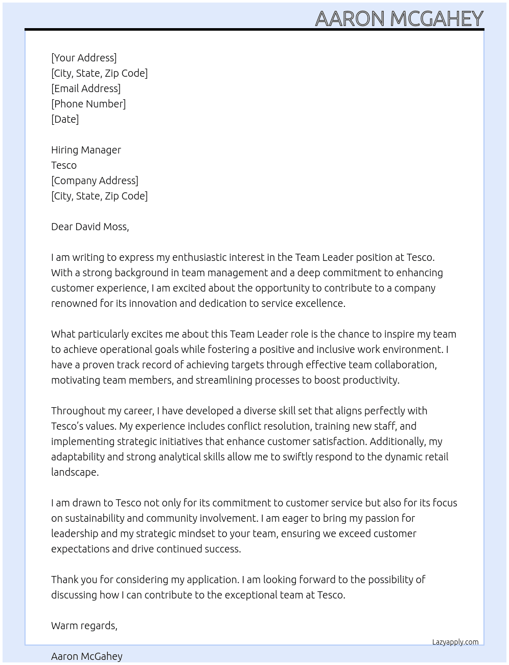 Team leader  At Tesco Cover Letter