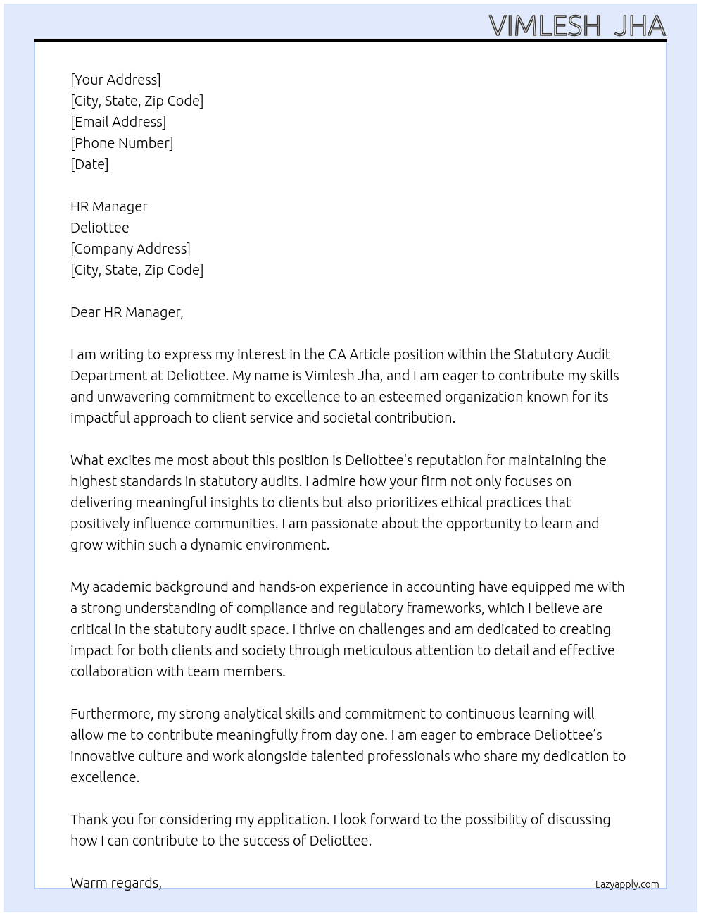 Ca article  At Deliottee Cover Letter