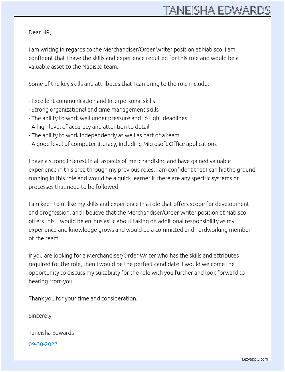 Merchandiser/Order Writer At Nabisco Cover Letter